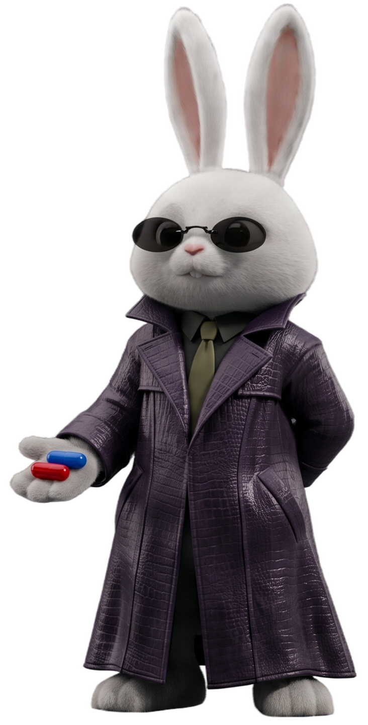 The white rabbit in a trench coat holding a red pill and a blue pill